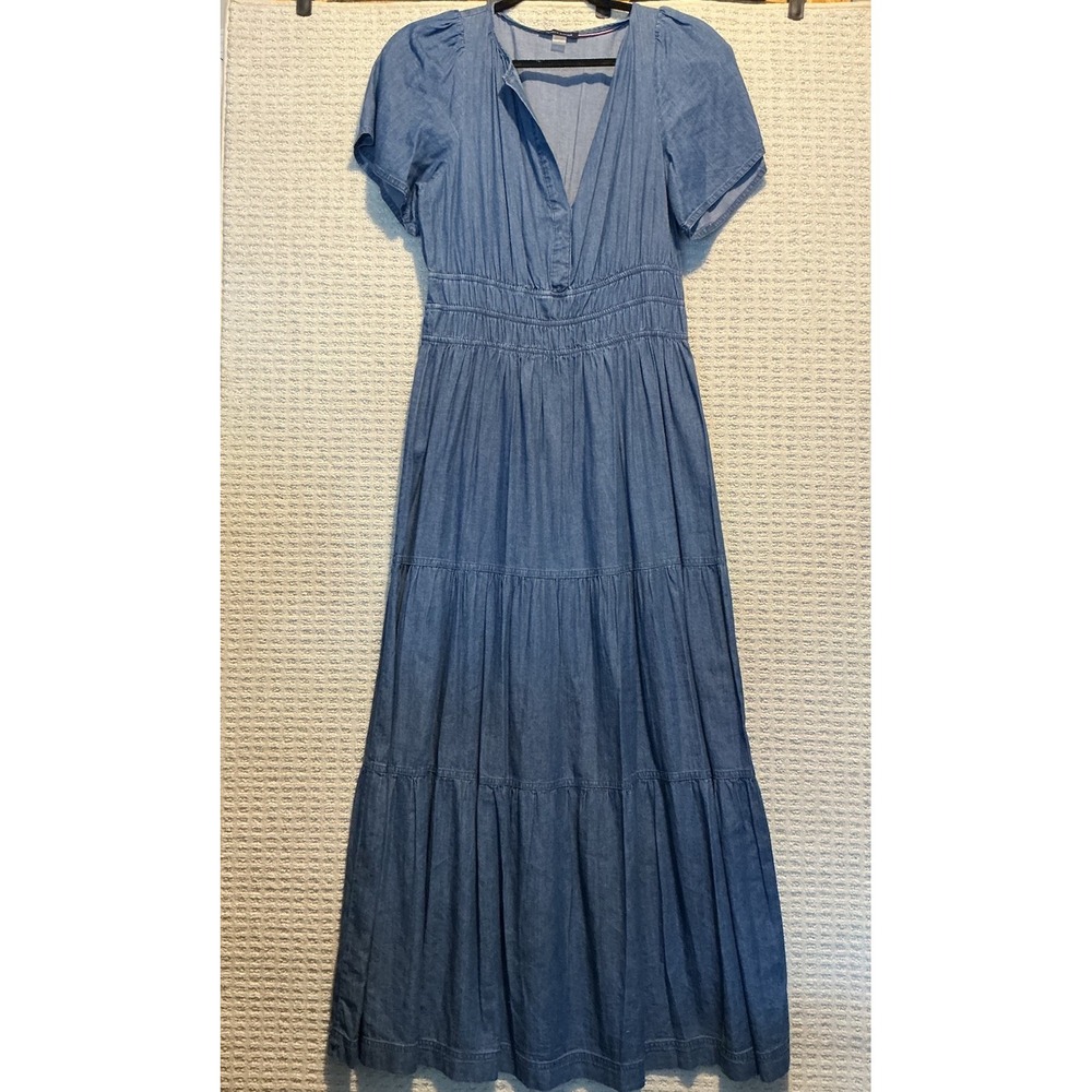 Tommy Hilfiger Chambray Short Sleeve Tiered Maxi Dress NWOT 4 Split Neck BOHO